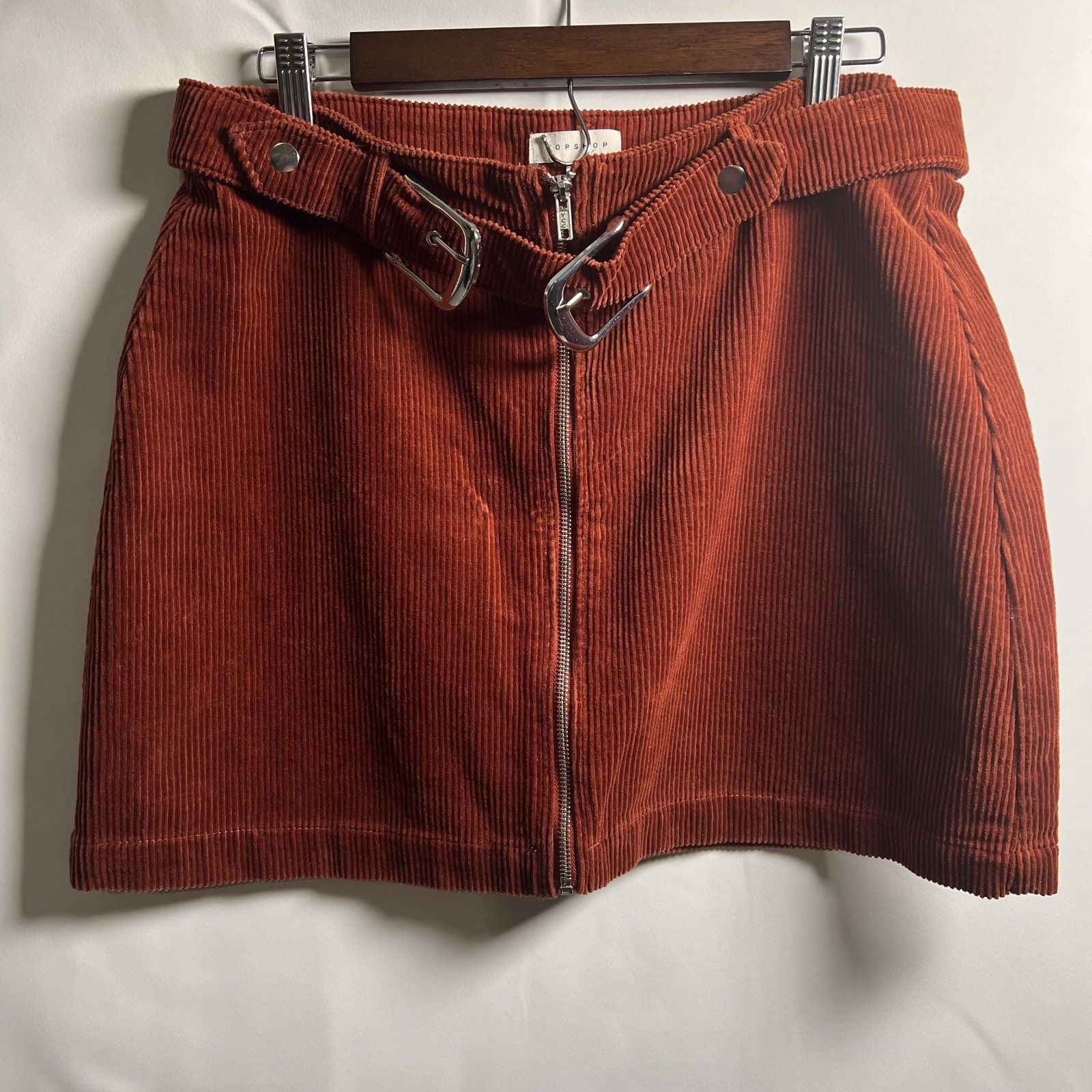 Topshop Women's Us 10 Rust Corduroy Mini Skirt Zip Front Belted Y2k Retro Nwt